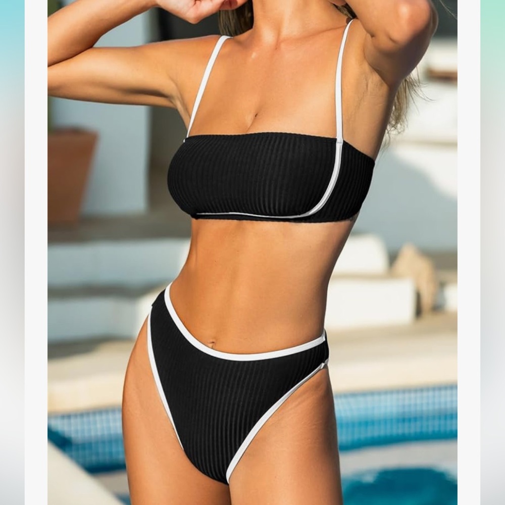 Cupshe Sporty Contrast Trim Ribbed‎ Textured Black and White Bikini NWOT